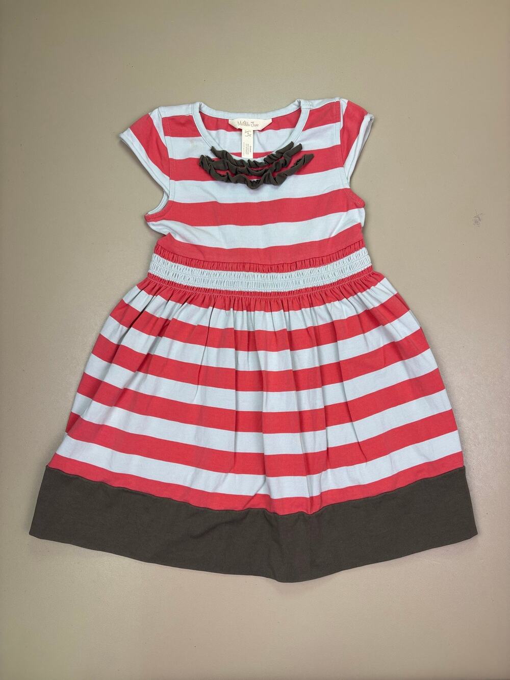 Matilda Jane Girls Size 4 Red Blue Stripe Ruffle Dress Brown Trim EUC
